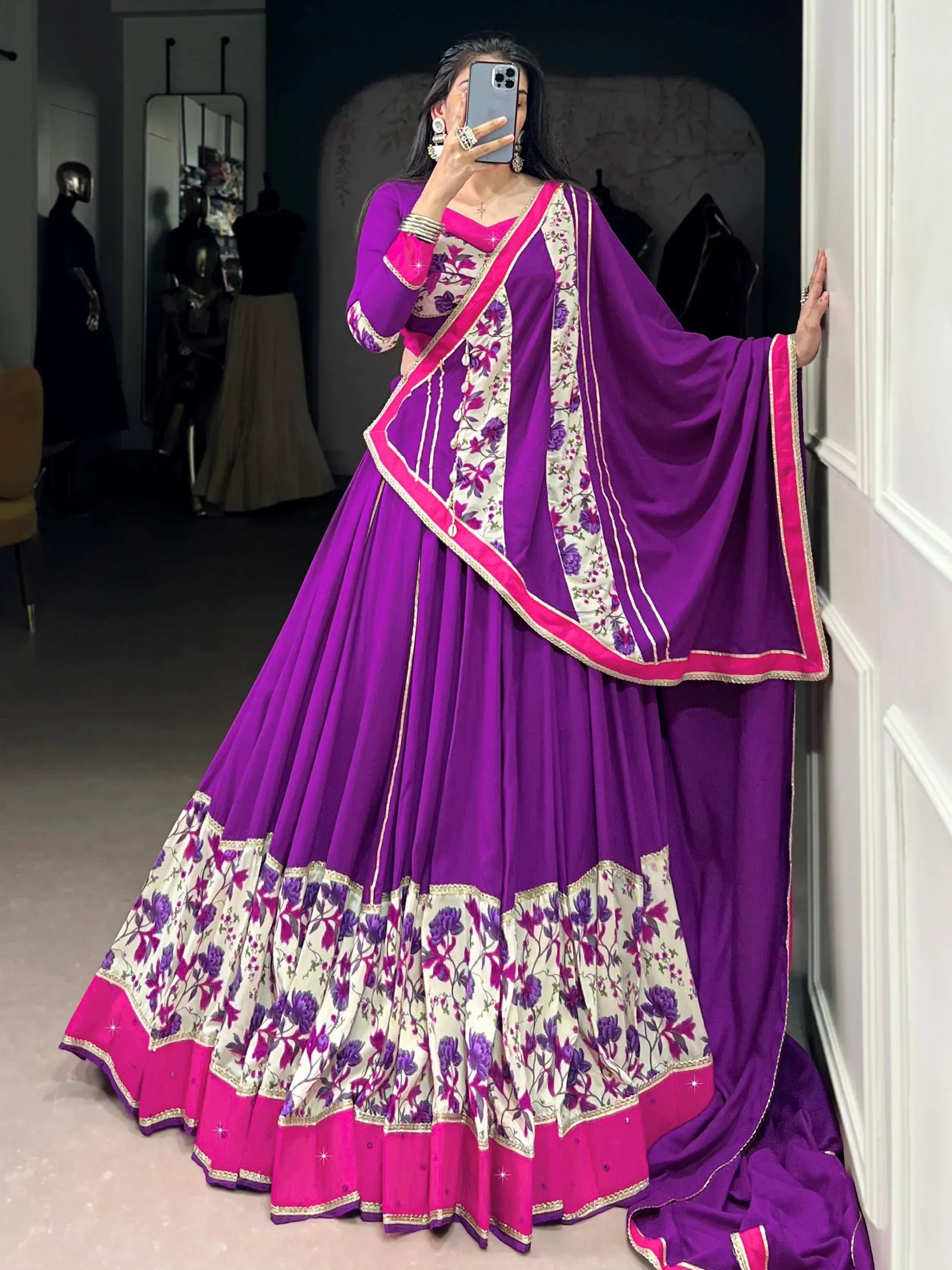 Purple and pink floral lehenga choli with embroidered dupatta, Indian ethnic wear