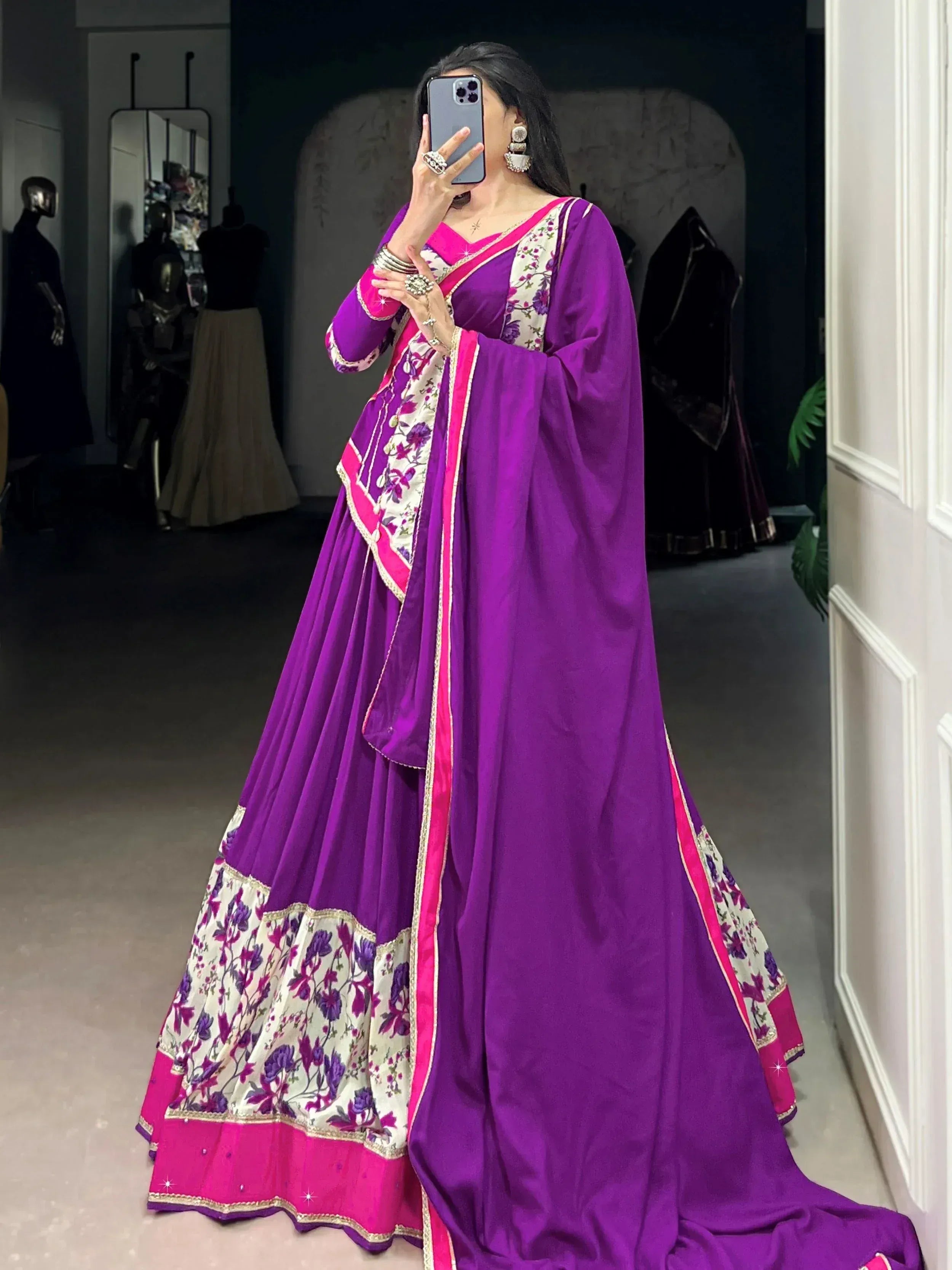 Purple and pink floral lehenga choli with embroidered dupatta, Indian ethnic wear for women