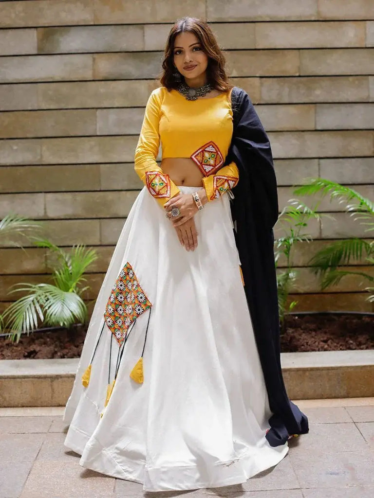 Glorious White Cotton Embroidered Aari Work Lehenga Choli For Navratri