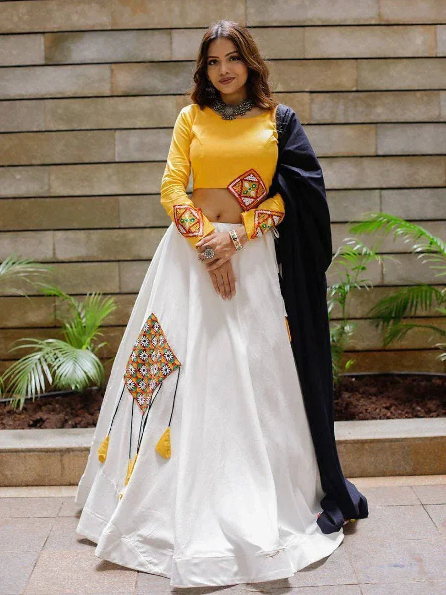 Yellow and white embroidered lehenga choli with black dupatta, Indian ethnic wear for women
