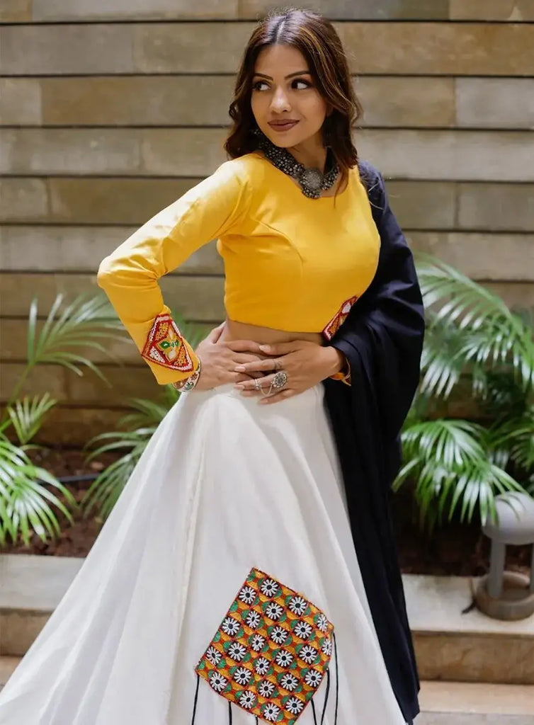 Glorious White Cotton Embroidered Aari Work Lehenga Choli For Navratri