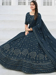 Classy Teal Blue Sequined Georgette Party Wear Lehenga Choli