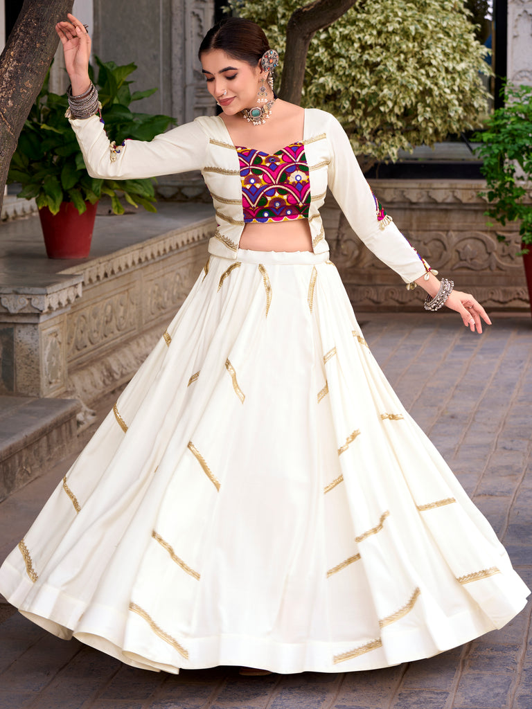 Elegant Off-White Laced Rayon Navratri Wear Lehenga Choli