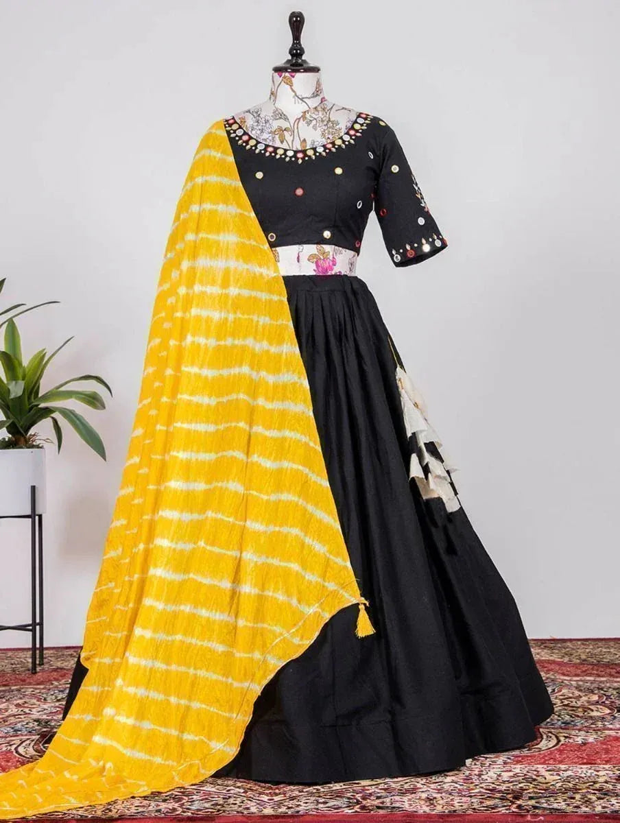 Black embroidered lehenga choli with yellow tie-dye dupatta, ethnic Indian wear