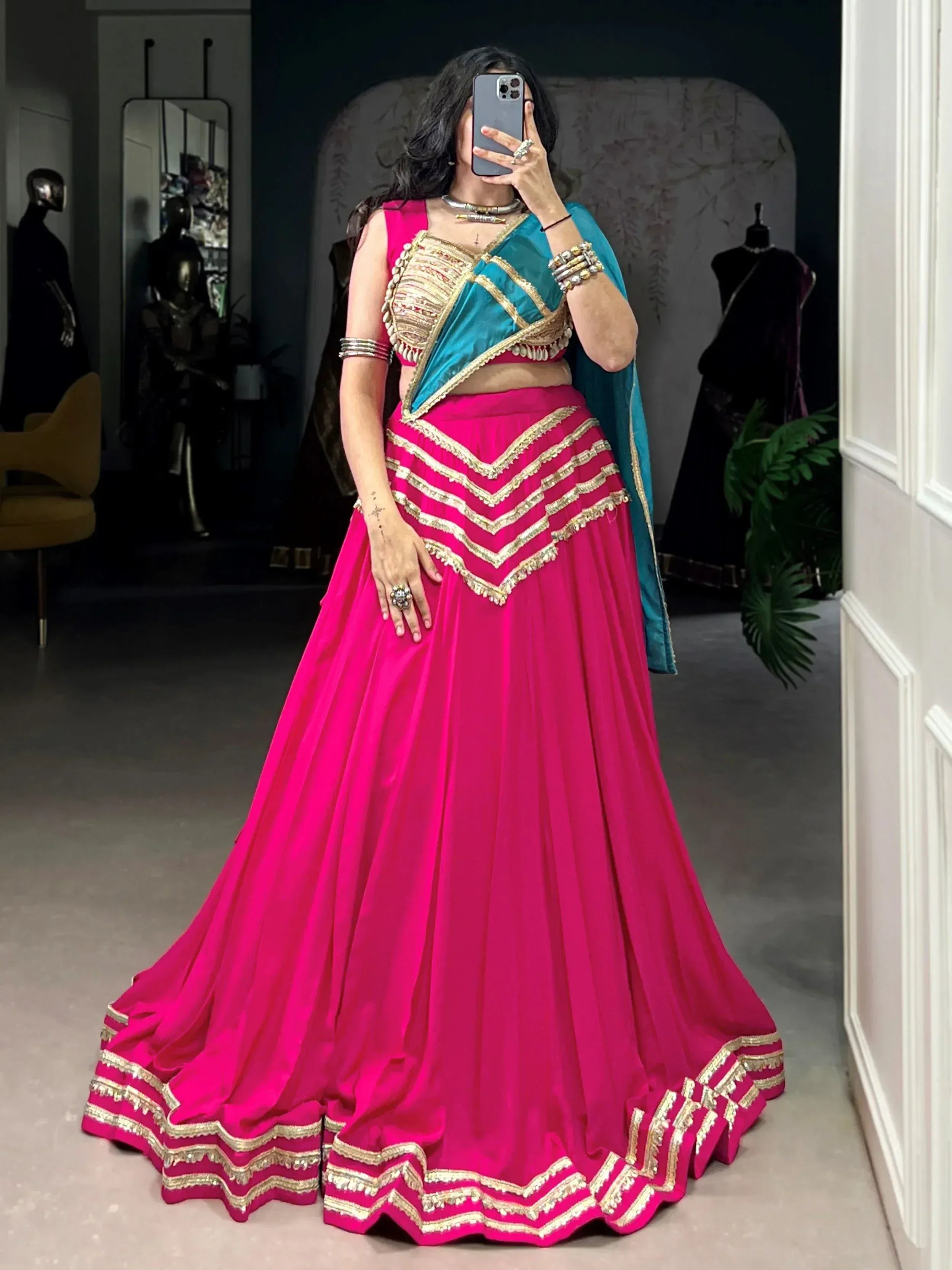 Fuchsia lehenga choli with gold embroidery and teal dupatta, Indian ethnic wear