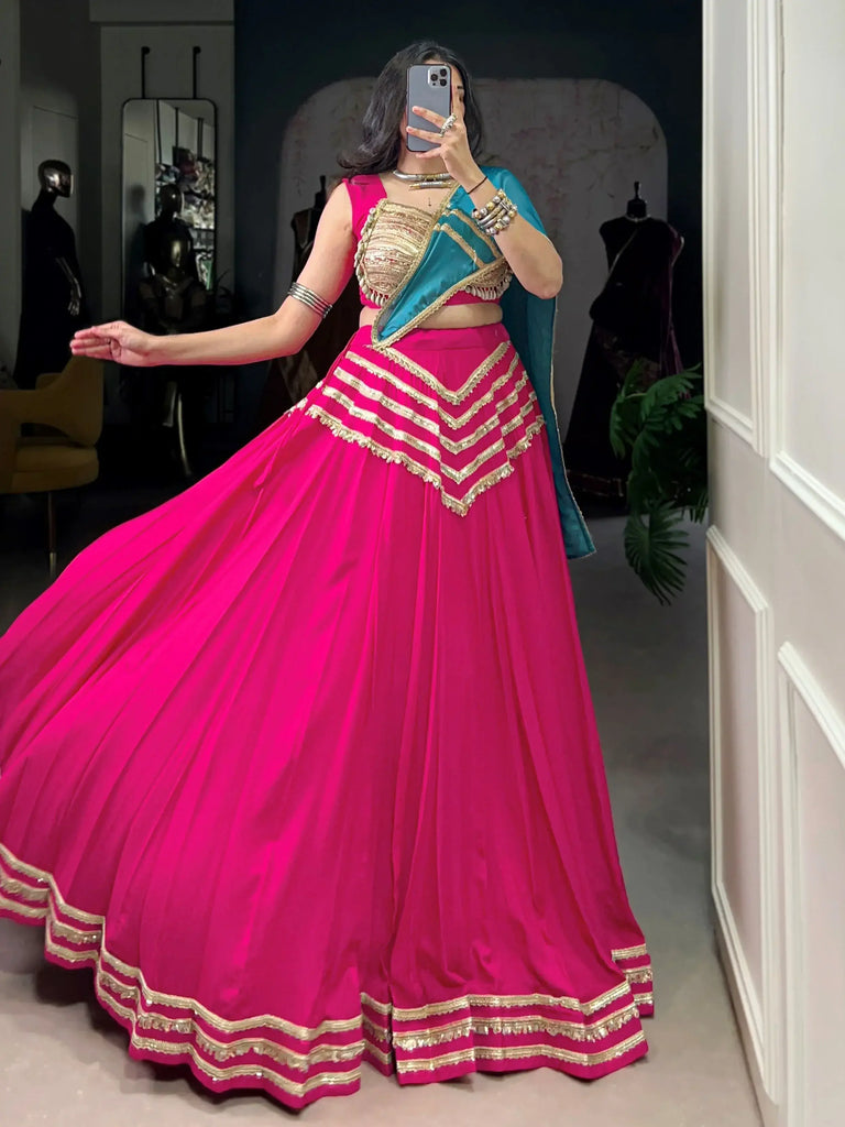 Alluring Pink Cotton Sequins Navratri Wear Lehenga Choli With Dupatta