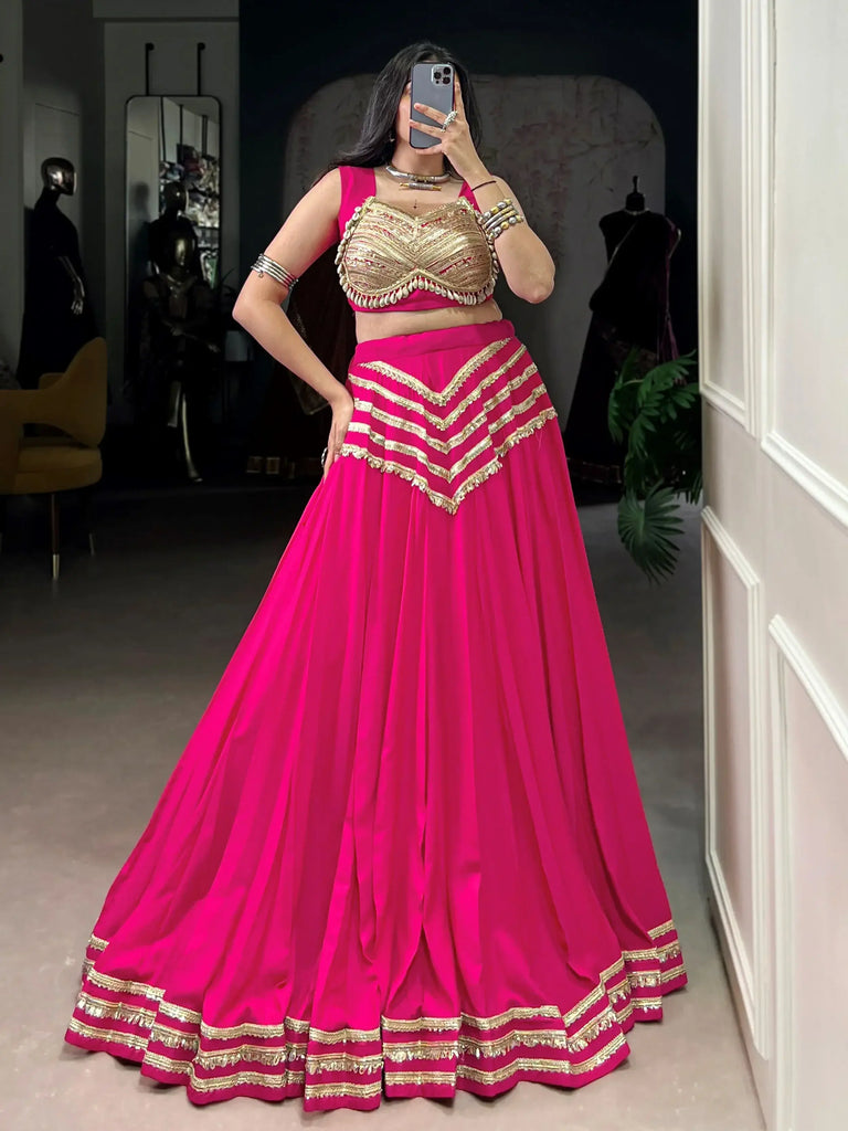 Alluring Pink Cotton Sequins Navratri Wear Lehenga Choli With Dupatta