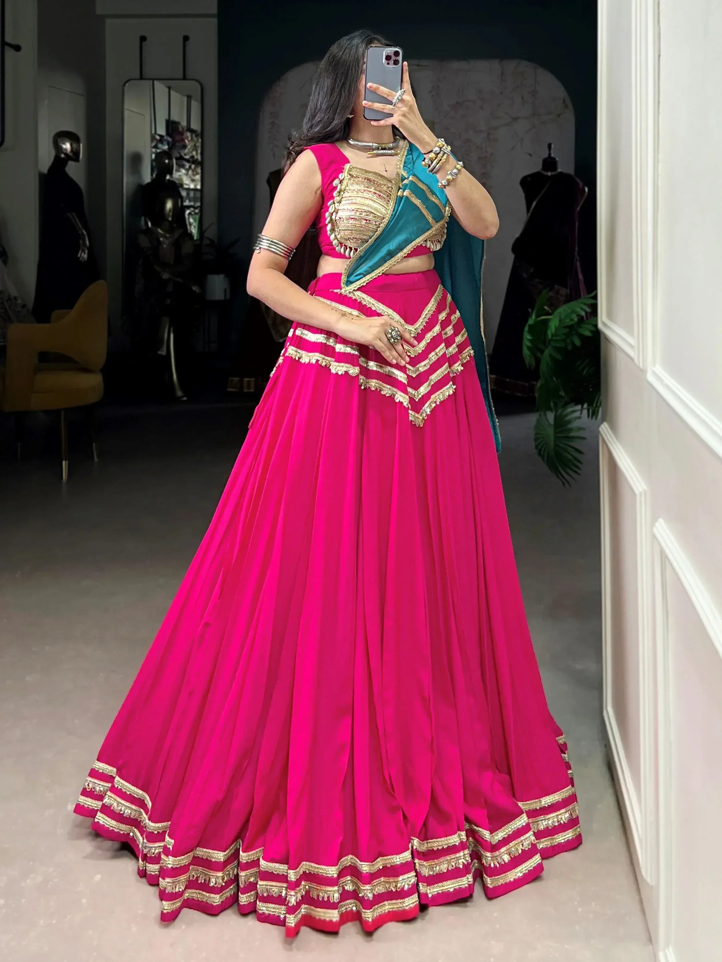 Fuchsia lehenga choli with gold embroidery and teal dupatta, Indian ethnic wear