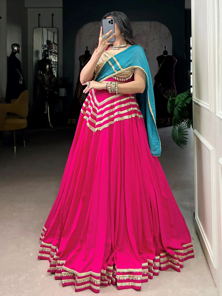 Alluring Pink Cotton Sequins Navratri Wear Lehenga Choli With Dupatta