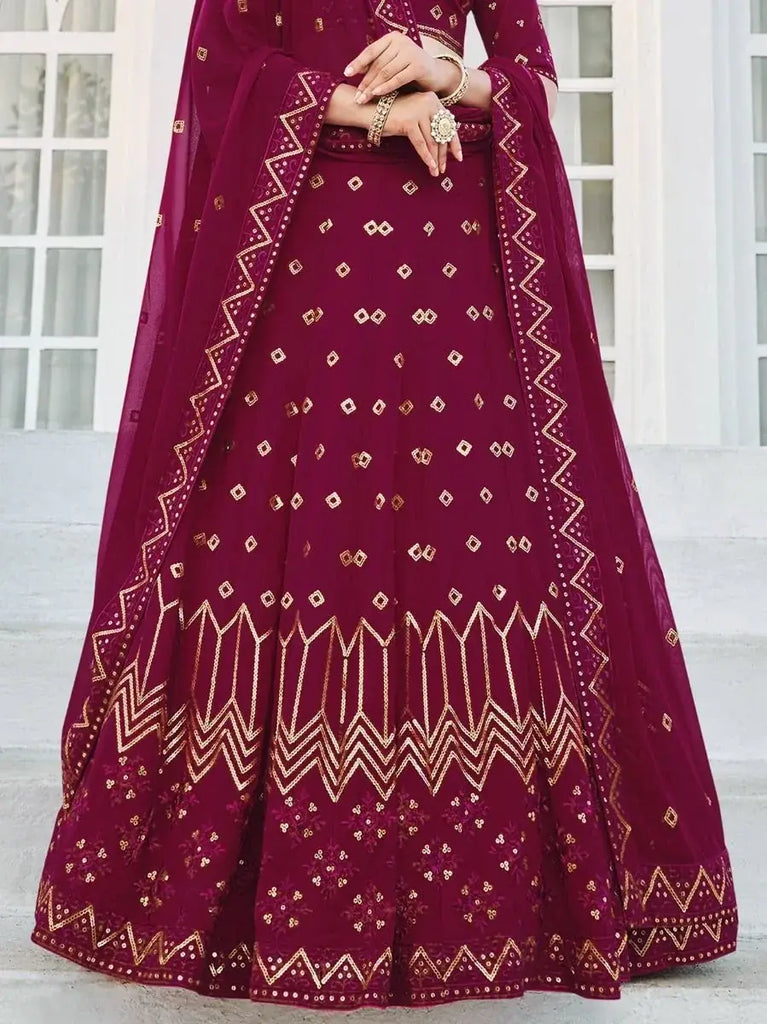 Attractive Dark Pink Sequined Georgette Party Wear Lehenga Choli