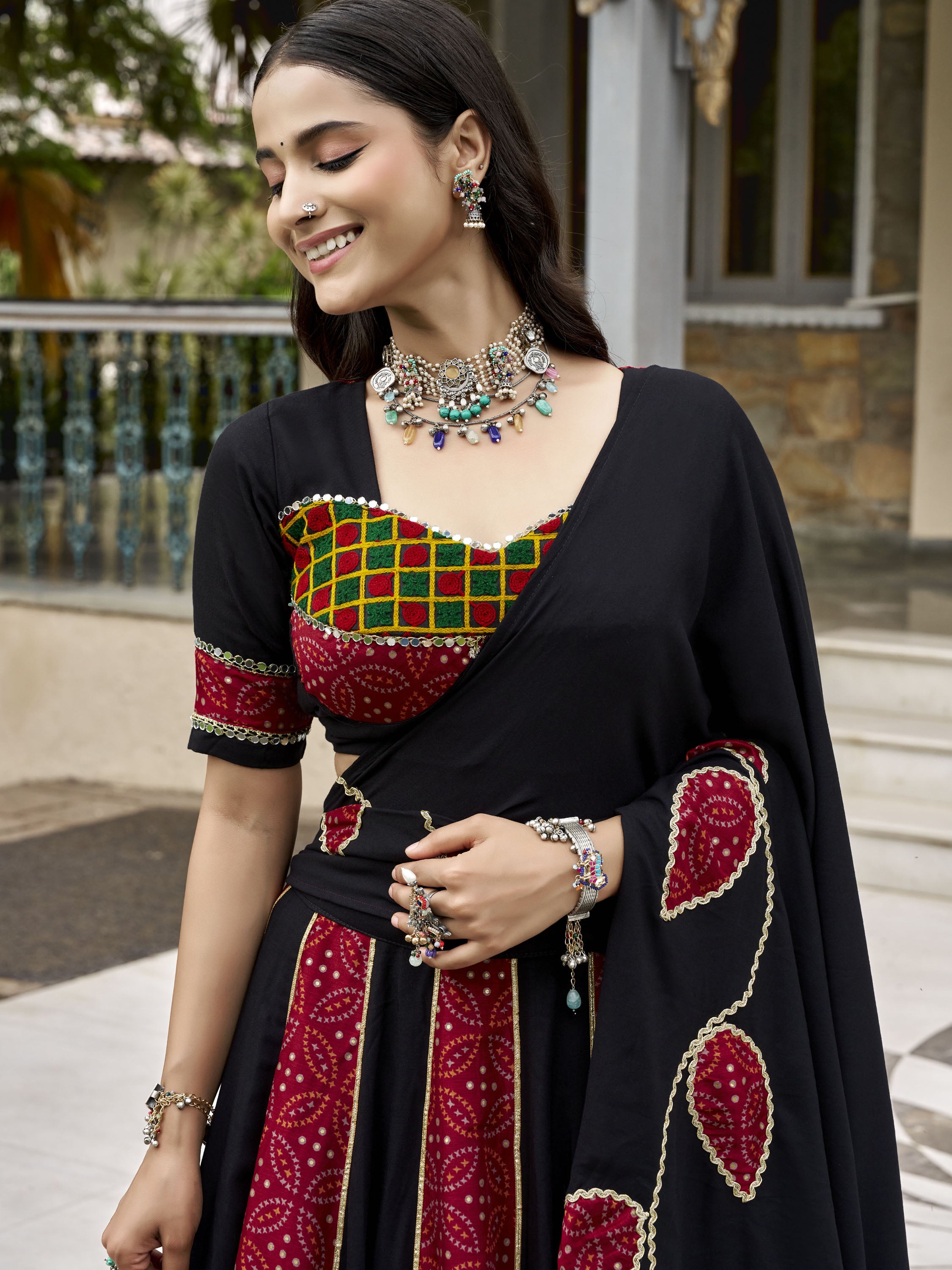 Wonderful Black Printed Rayon Navratri Wear Lehenga Choli With Dupatta