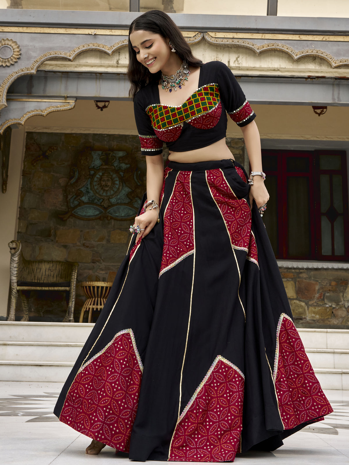 Wonderful Black Printed Rayon Navratri Wear Lehenga Choli With Dupatta