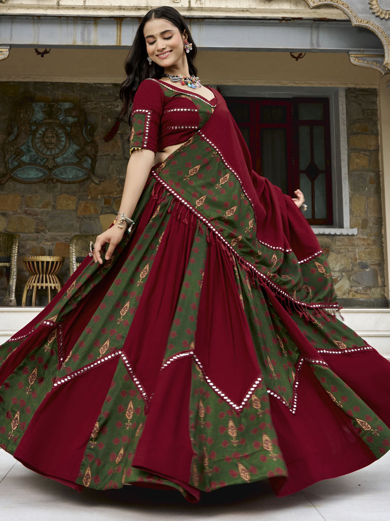 Precious Maroon Gota Laced Rayon Navratri Wear Lehenga Choli With Dupatta