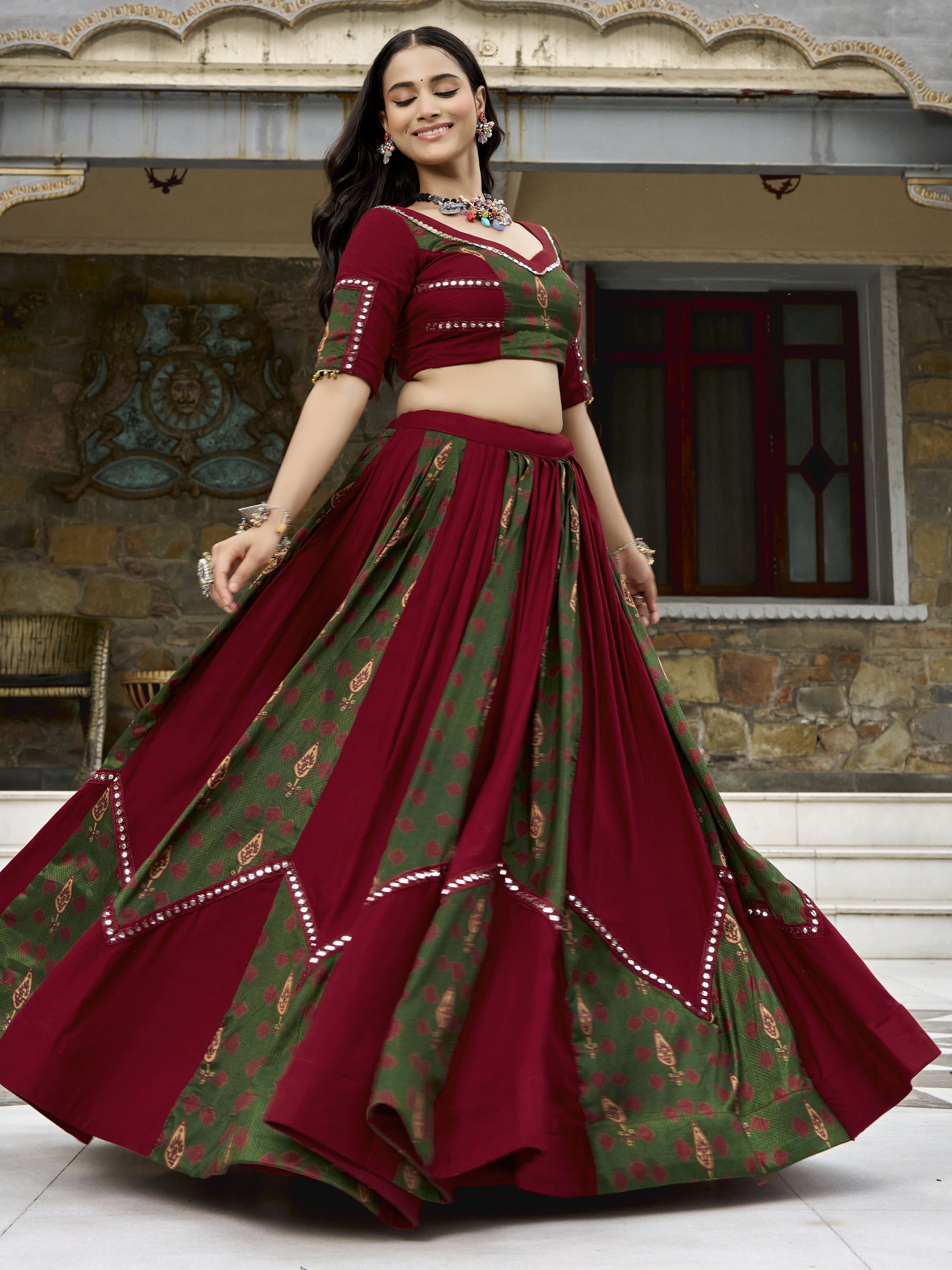 Precious Maroon Gota Laced Rayon Navratri Wear Lehenga Choli With Dupatta