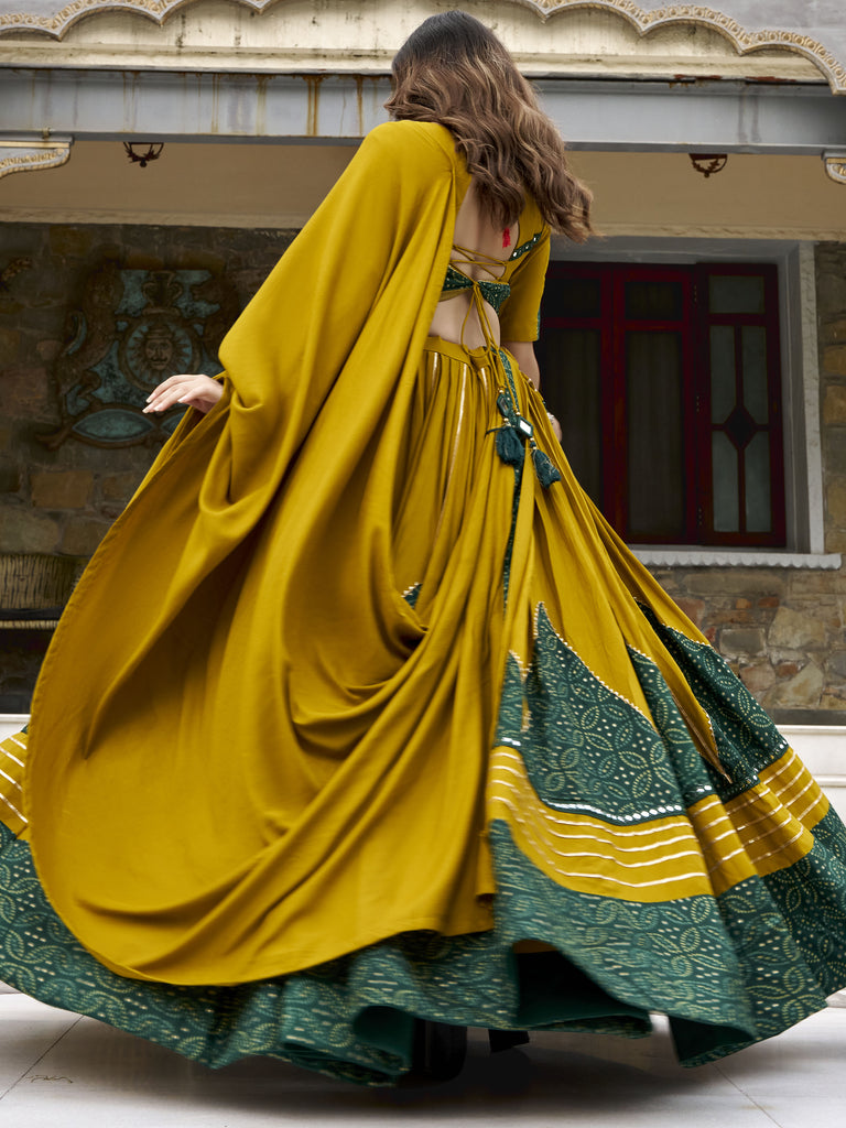 Rich Mustard Yellow Gota Laced Rayon Navratri Wear Lehenga Choli