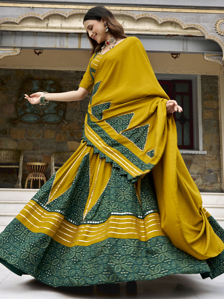 Rich Mustard Yellow Gota Laced Rayon Navratri Wear Lehenga Choli