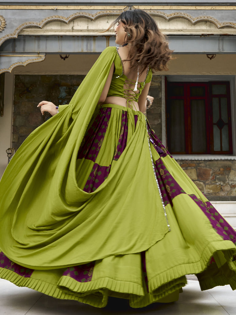 Regal Olive Green Digital Printed Rayon Navratri Wear Lehenga With Blouse