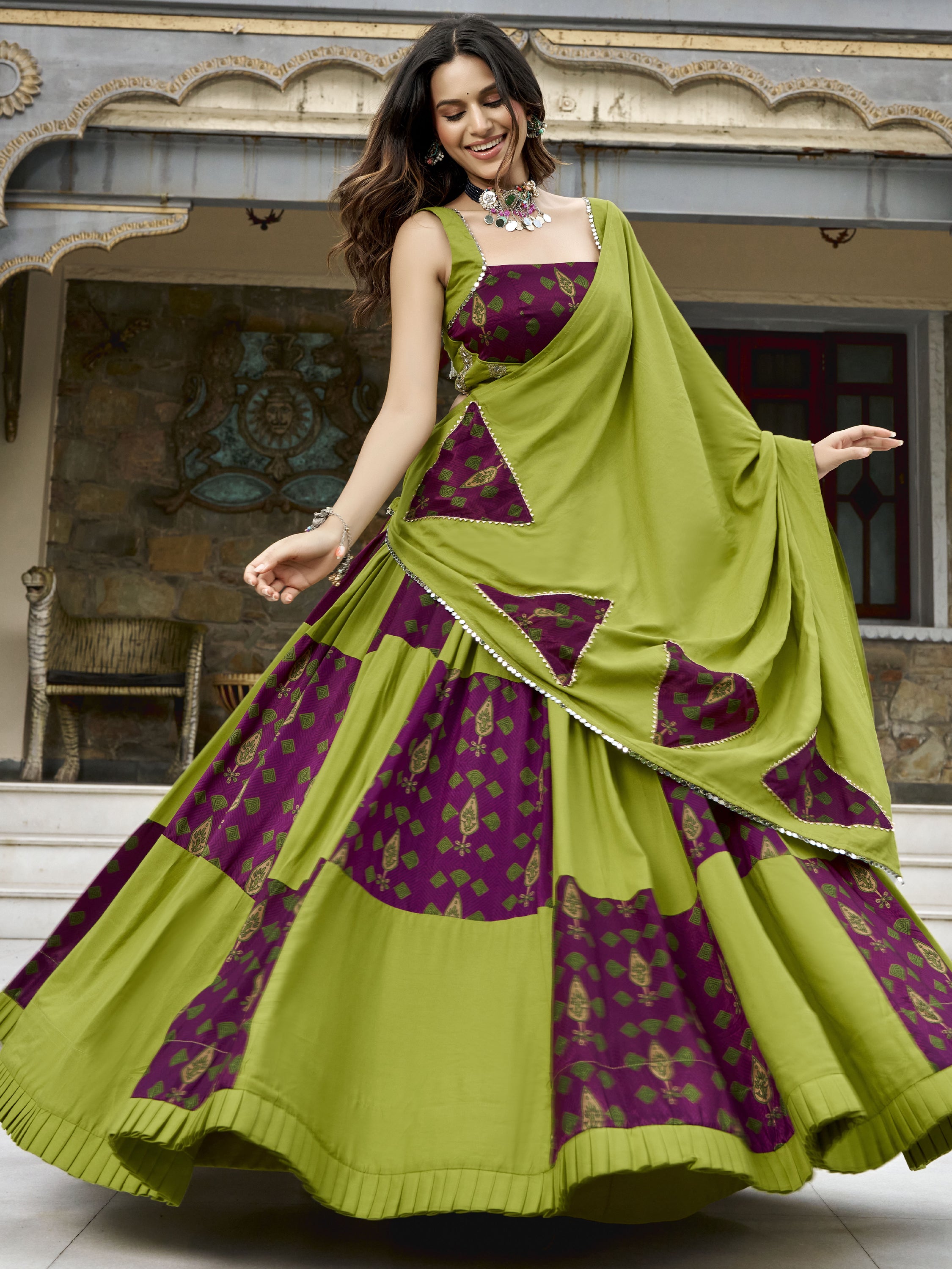 Regal Olive Green Digital Printed Rayon Navratri Wear Lehenga With Blouse