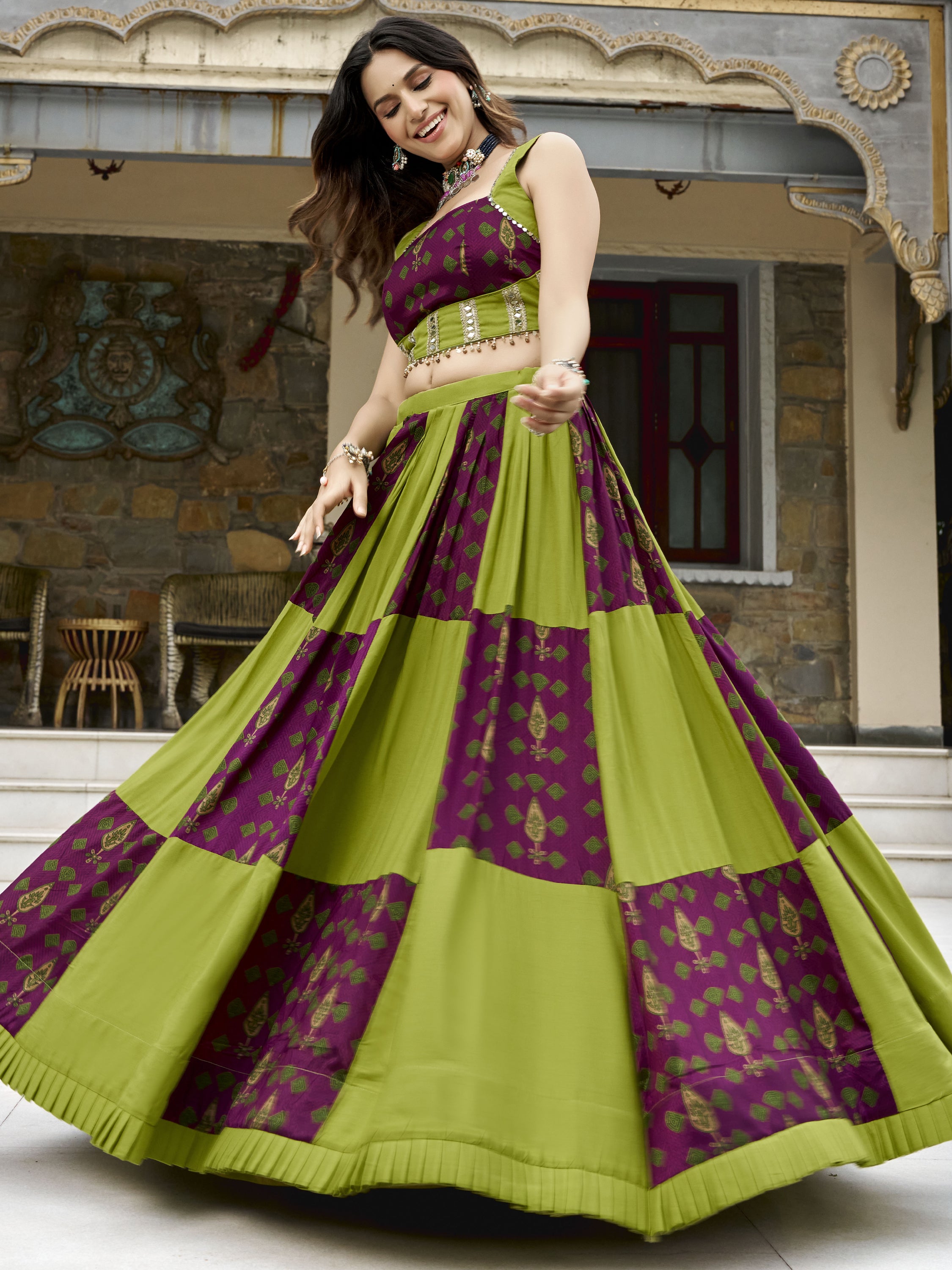 Regal Olive Green Digital Printed Rayon Navratri Wear Lehenga With Blouse