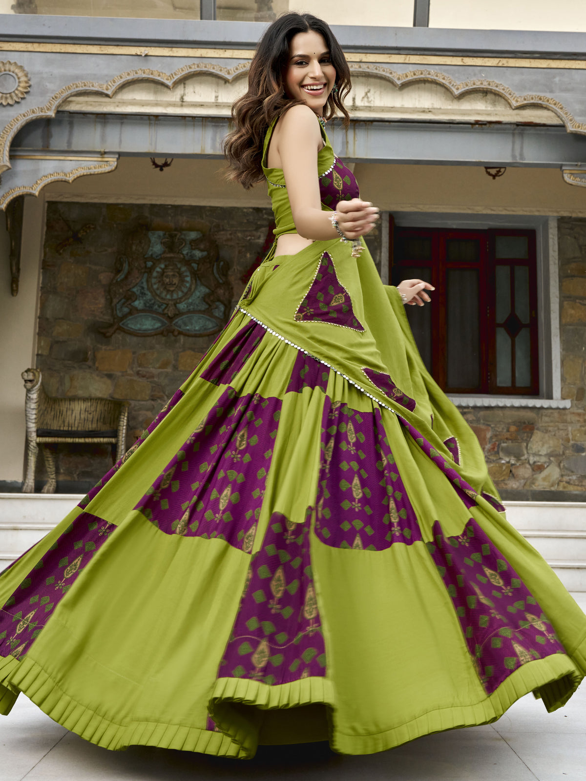 Regal Olive Green Digital Printed Rayon Navratri Wear Lehenga With Blouse