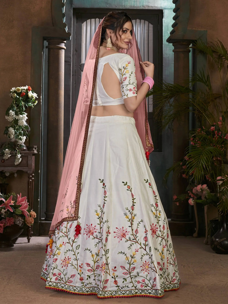 Desirable White Cotton Floral Embroidered Lehenga Choli With Dupatta