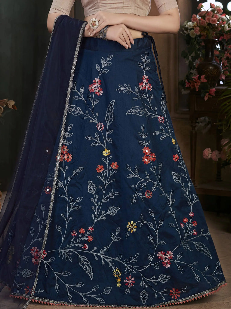 Alluring Navy Blue Floral Embroidered Lehenga Choli With Dupatta