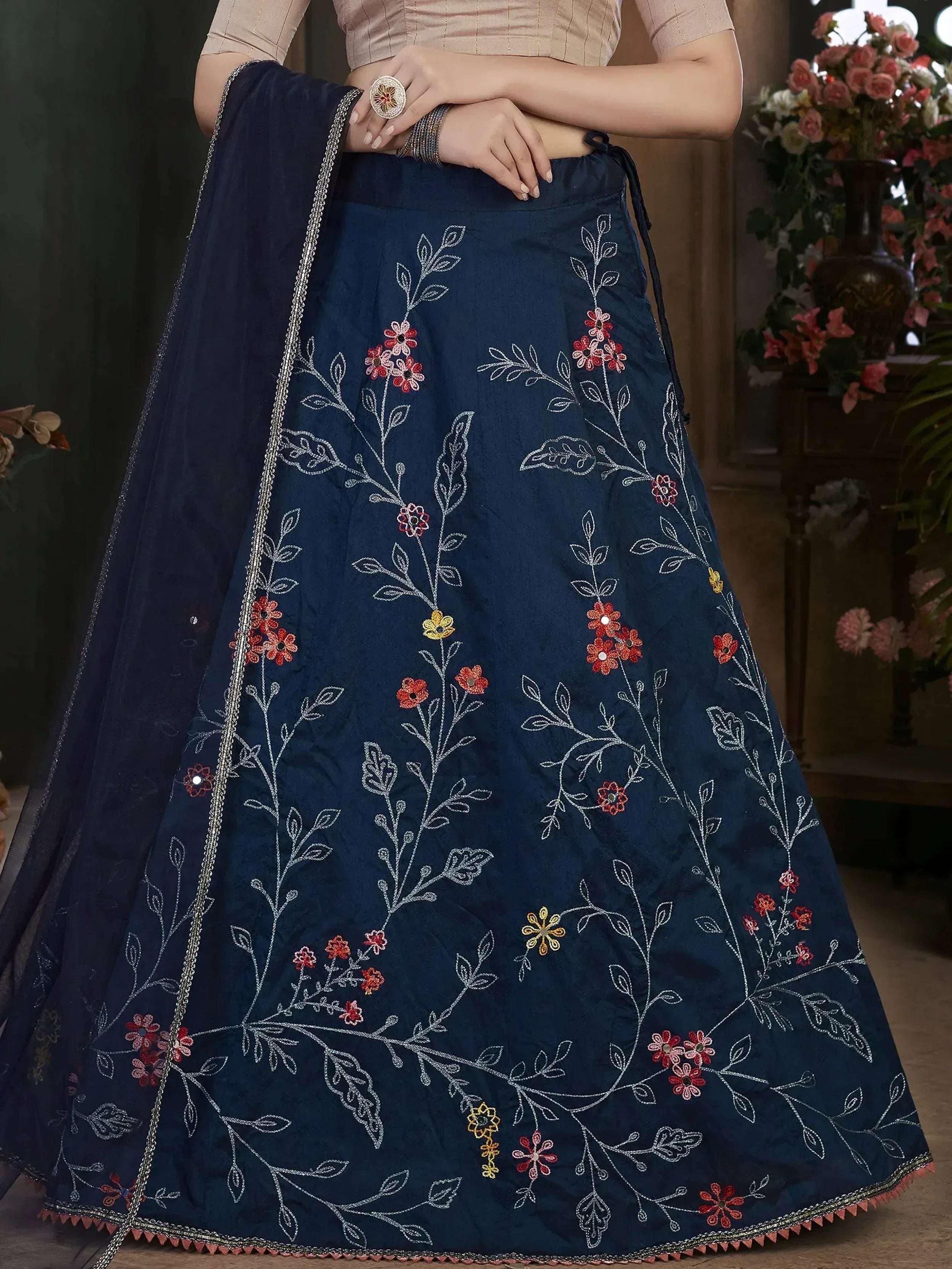Navy blue embroidered lehenga with floral motifs and matching dupatta, Indian ethnic wear