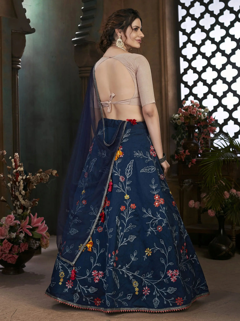 Alluring Navy Blue Floral Embroidered Lehenga Choli With Dupatta