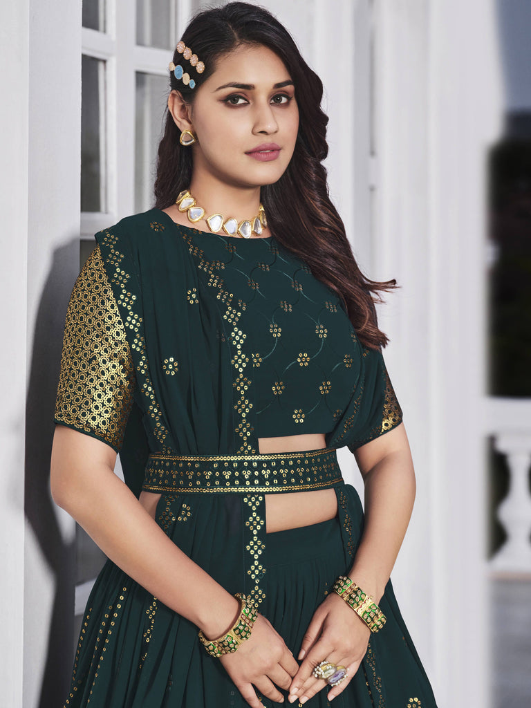 Gorgeous Dark Green Sequined Georgette Party Wear Lehenga