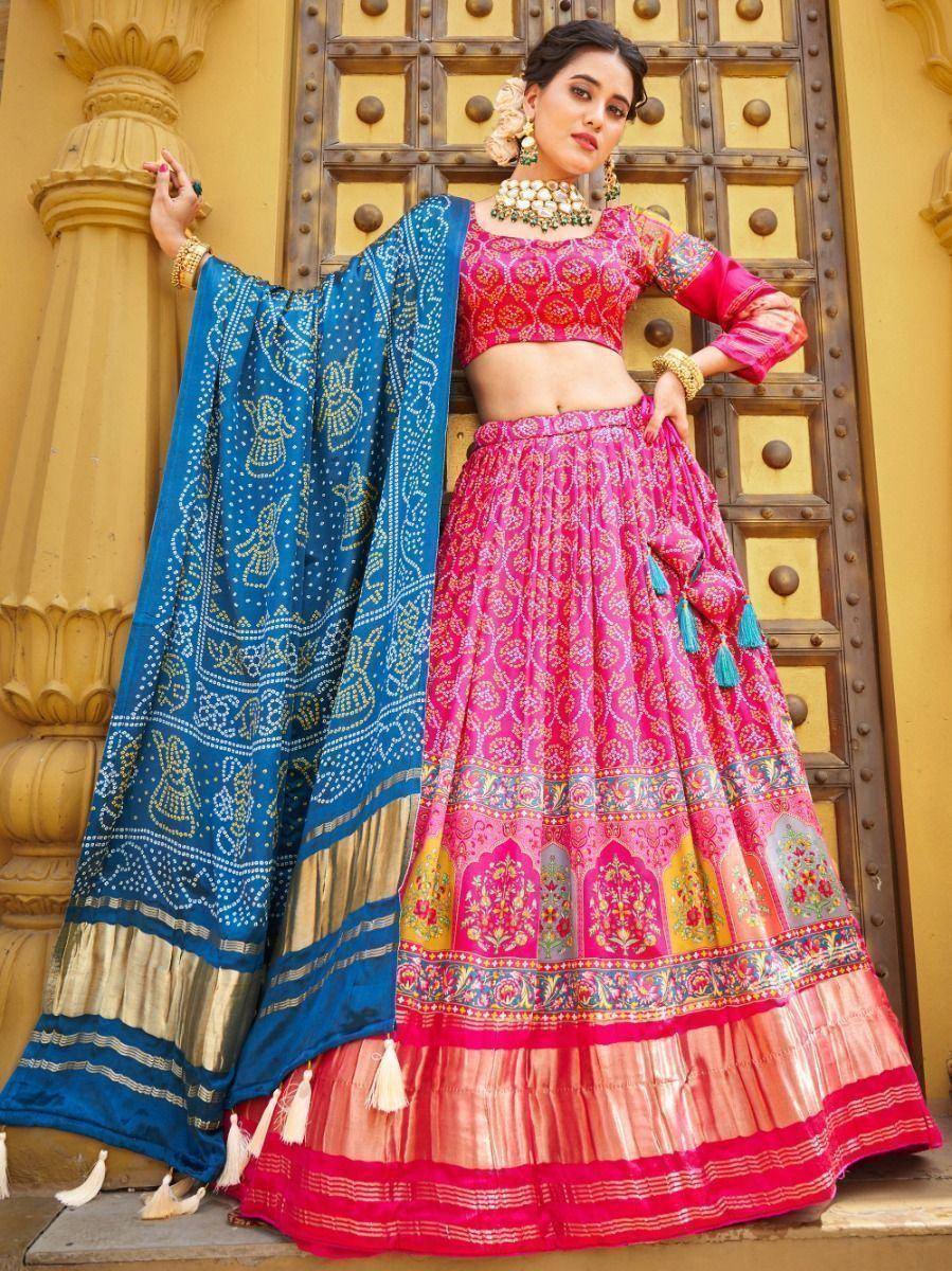 Pink embroidered lehenga choli with blue dupatta, Indian ethnic wear for weddings and festivals