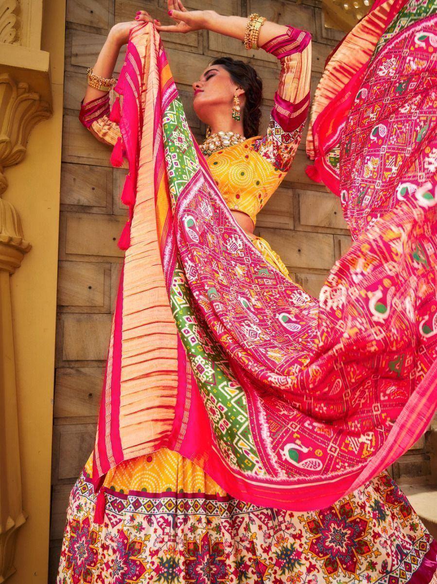 Vibrant Indian lehenga choli with peacock print dupatta, perfect for festive occasions and traditional events.