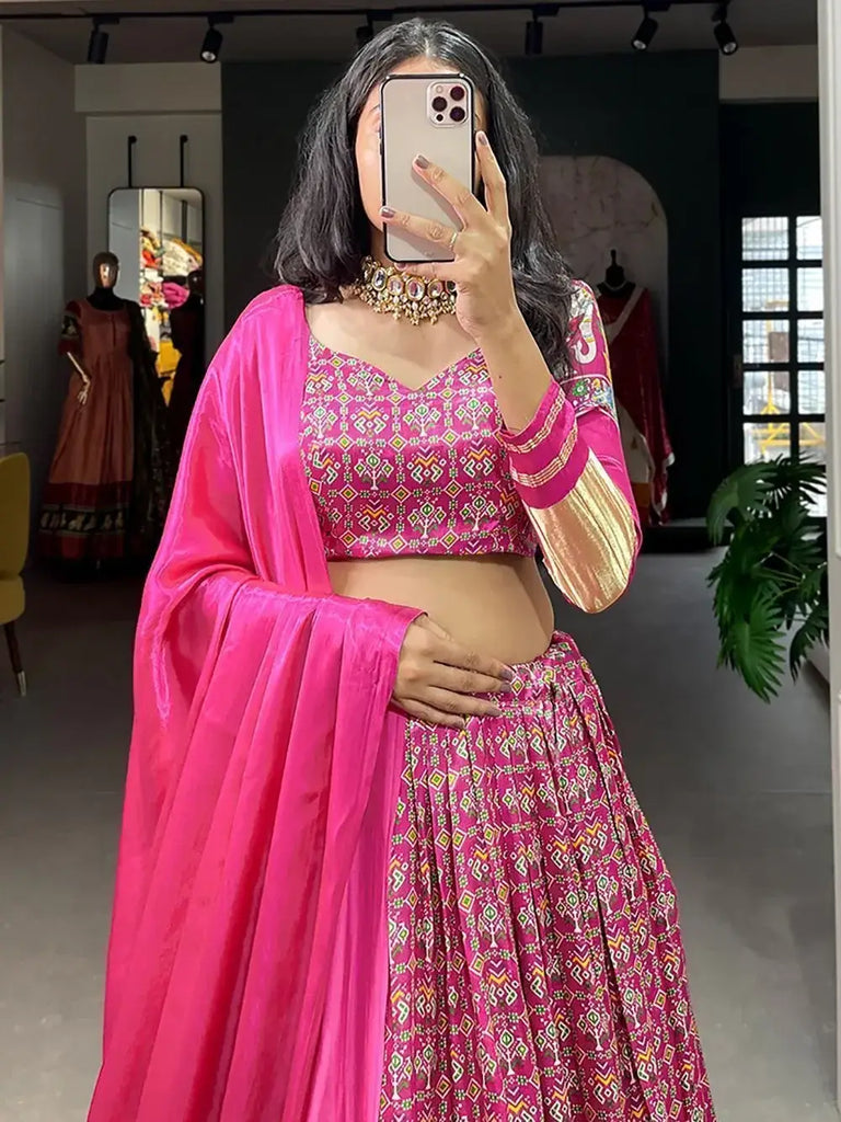 Stunning Pink Digital Printed Gaji Silk Wedding Wear Lehenga Choli