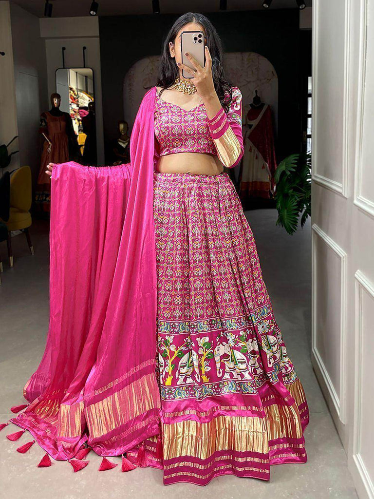 Stunning Pink Digital Printed Gaji Silk Wedding Wear Lehenga Choli