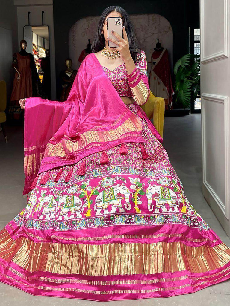 Stunning Pink Digital Printed Gaji Silk Wedding Wear Lehenga Choli