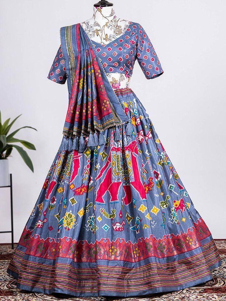 Charming Grey Patola Printed Silk Lehenga Choli