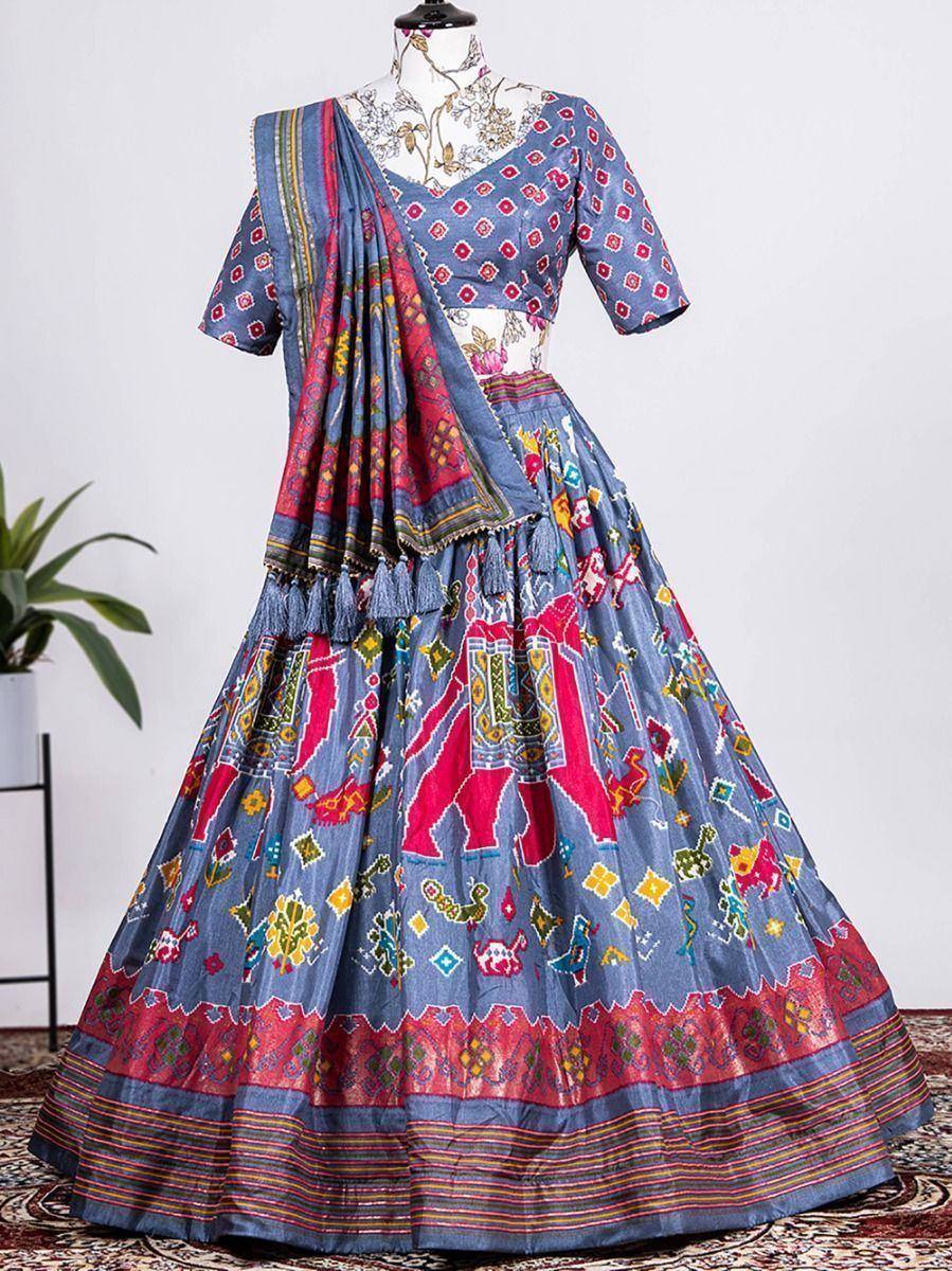 Blue printed lehenga choli with red elephant motifs, ethnic Indian wear for festive occasions