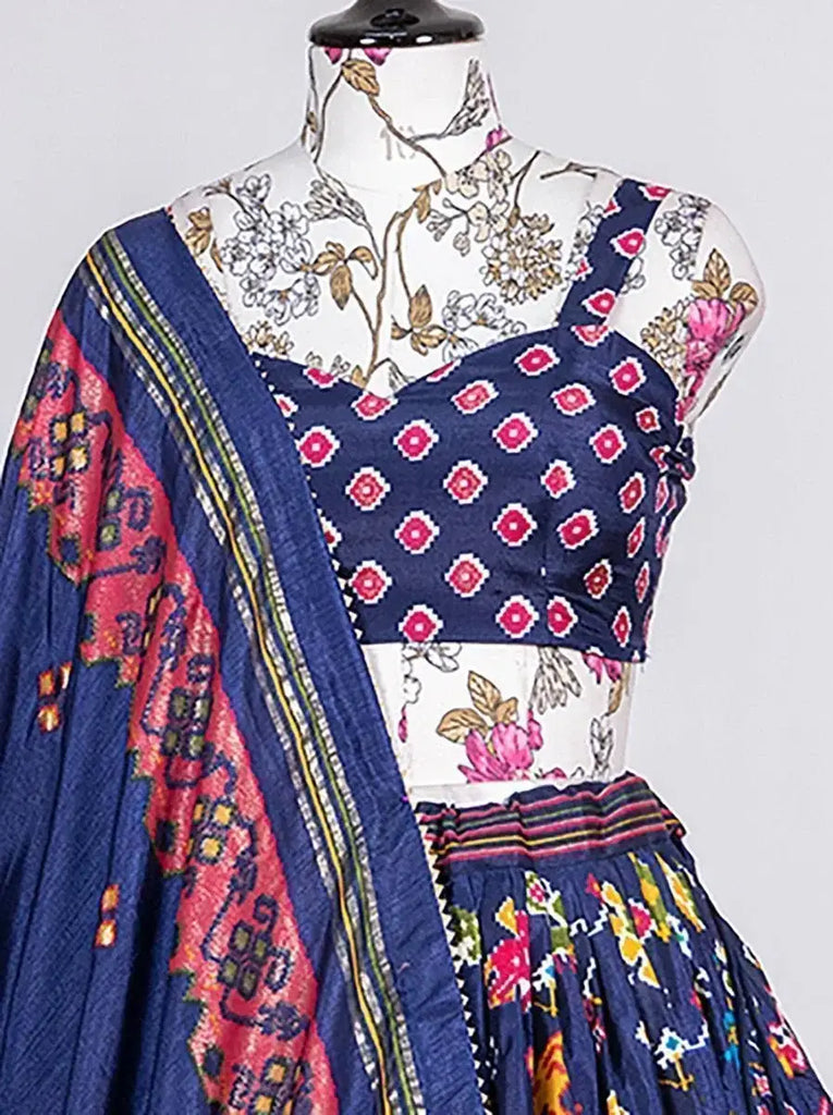 Captivating Navy-Blue Patola Printed Silk Lehenga Choli