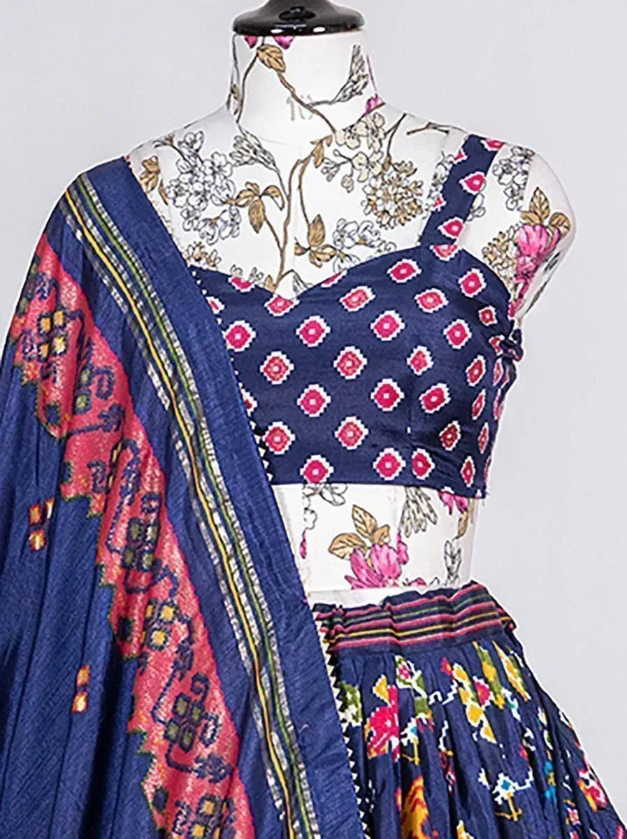 Blue printed lehenga choli with floral dupatta, Indian ethnic wear for women