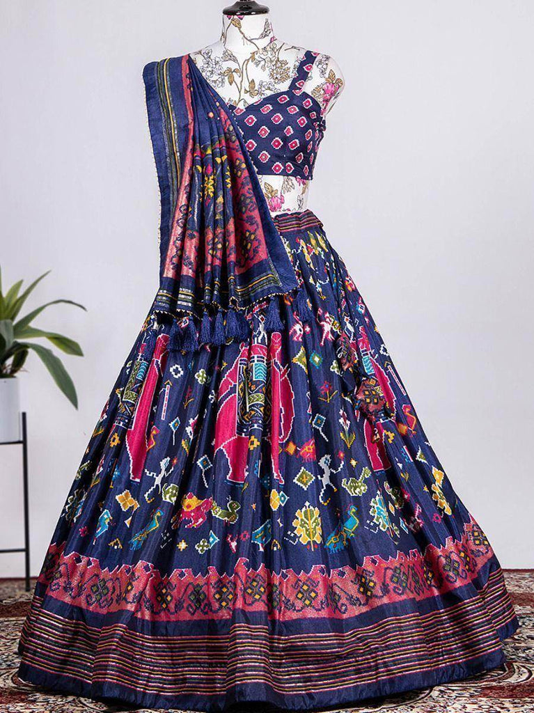 Captivating Navy-Blue Patola Printed Silk Lehenga Choli