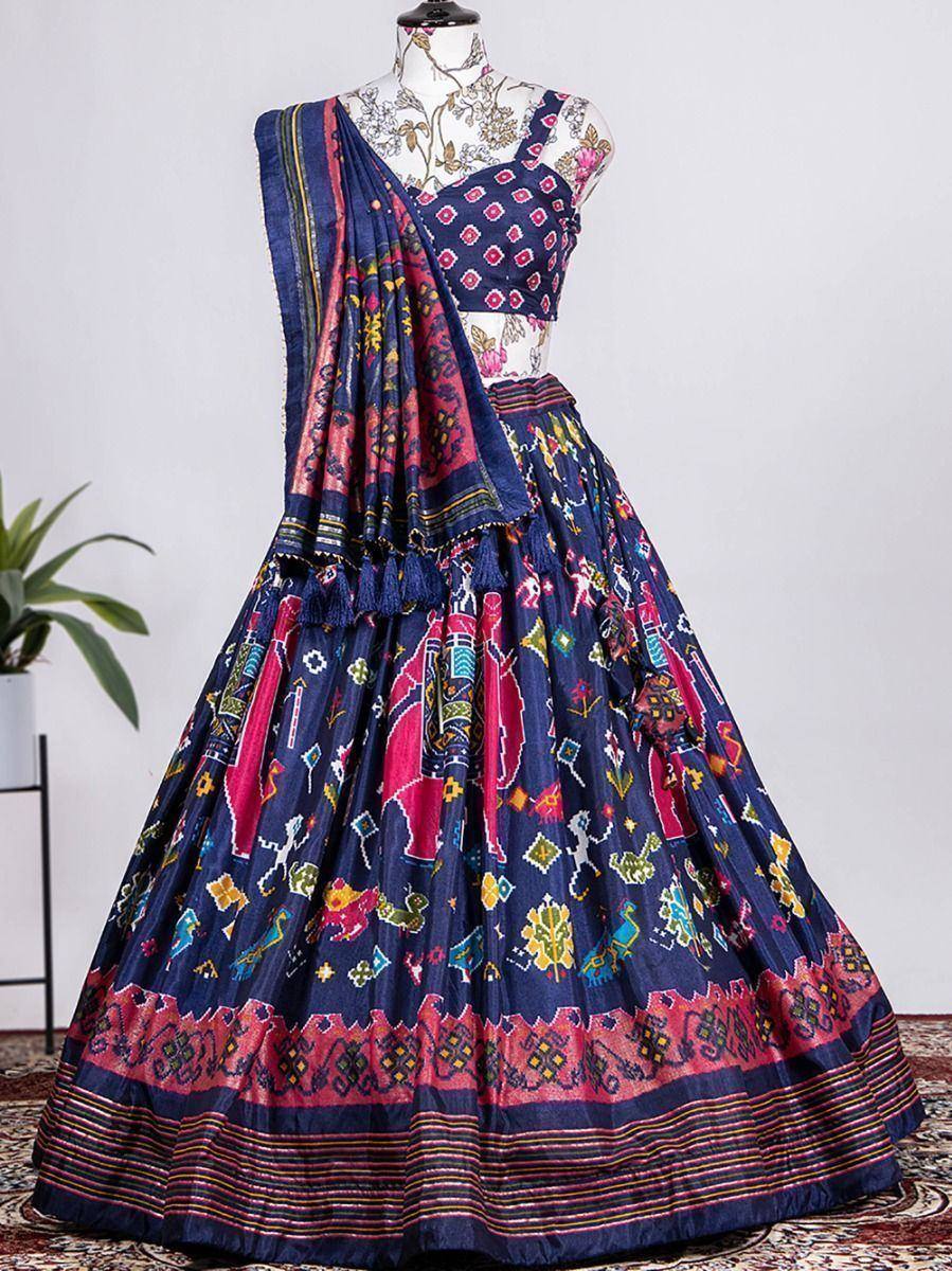 Navy blue printed lehenga choli with pink elephant motifs and matching dupatta, ethnic Indian wear