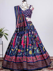 Captivating Navy-Blue Patola Printed Silk Lehenga Choli