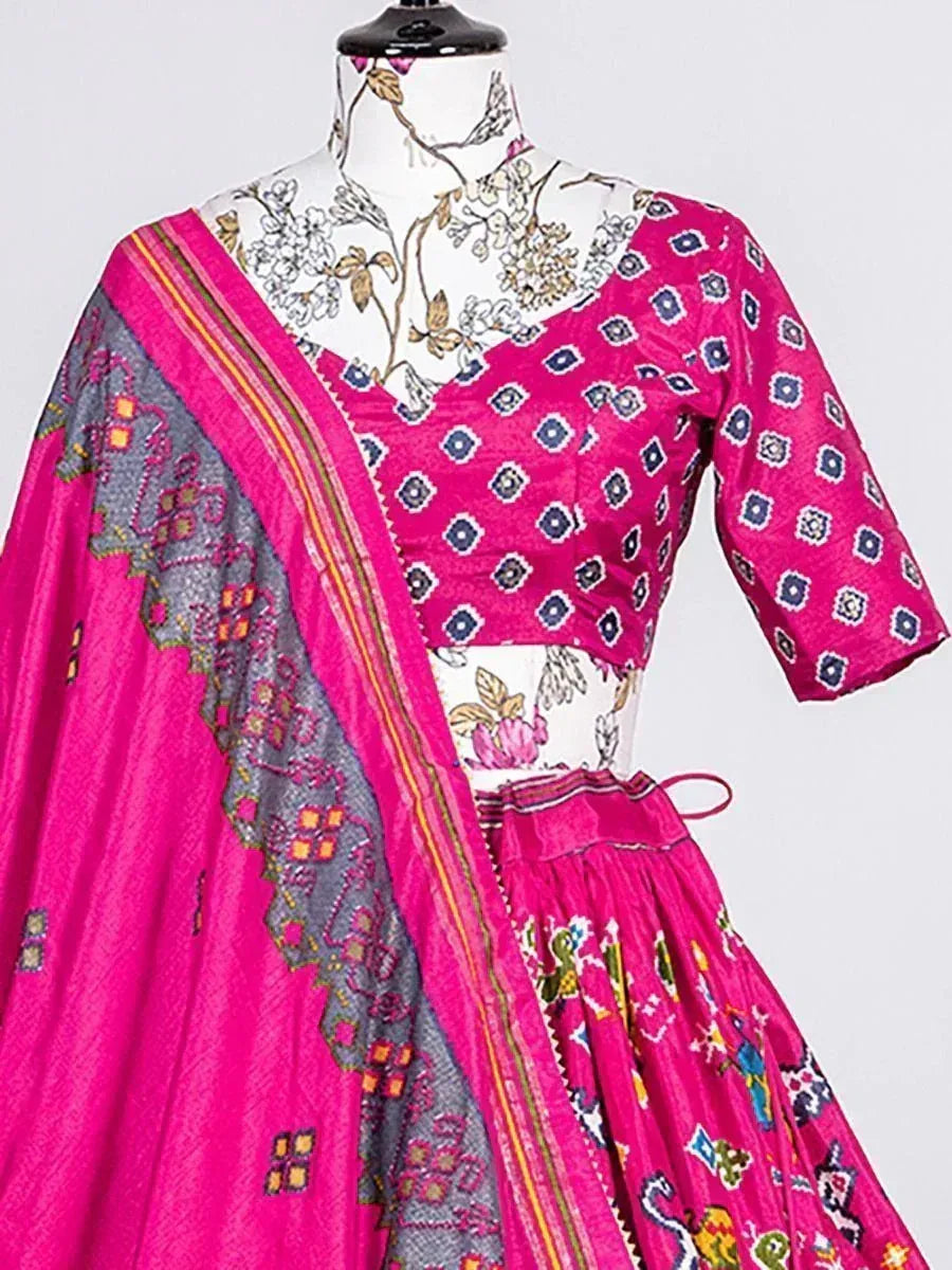 Vibrant pink printed lehenga choli with grey dupatta, ethnic Indian wear for women