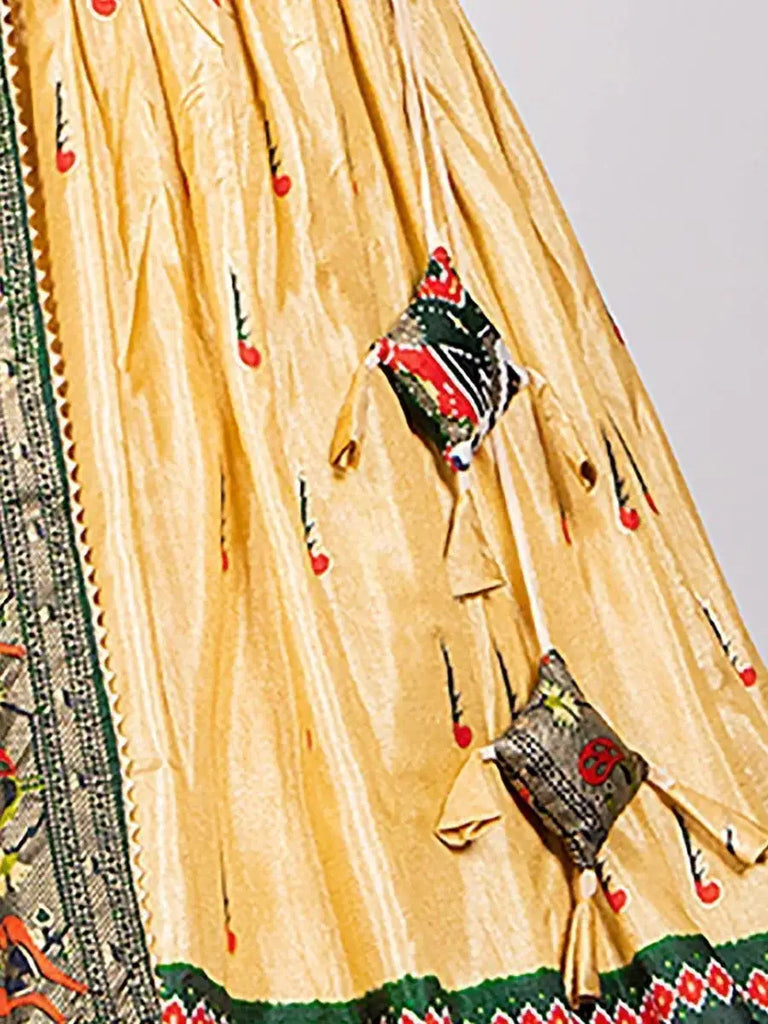 Pretty Cream Patola Paithani Print Silk Marriage Lehenga With Choli
