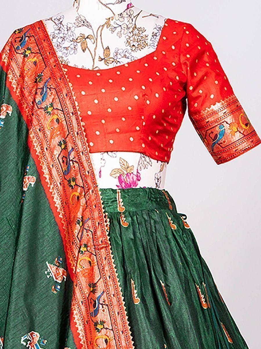 Red polka dot blouse with green embroidered lehenga and printed dupatta, Indian ethnic wear