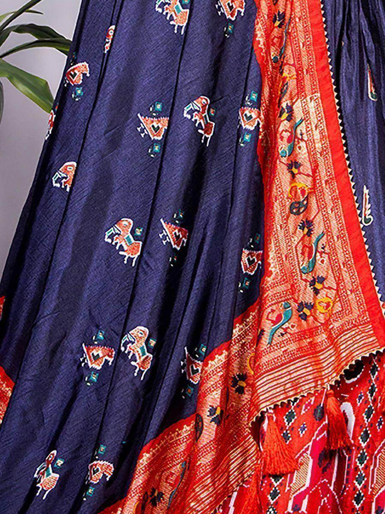 Marvellous Navy-Blue Patola Print Dola Silk Festive Lehenga With Choli