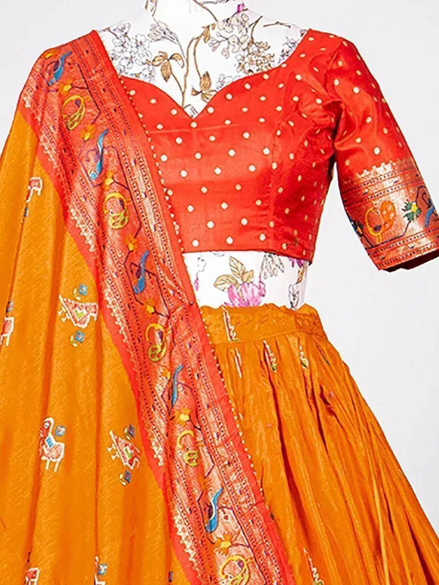 Vibrant orange lehenga choli with red polka dot blouse and embroidered dupatta, Indian ethnic wear