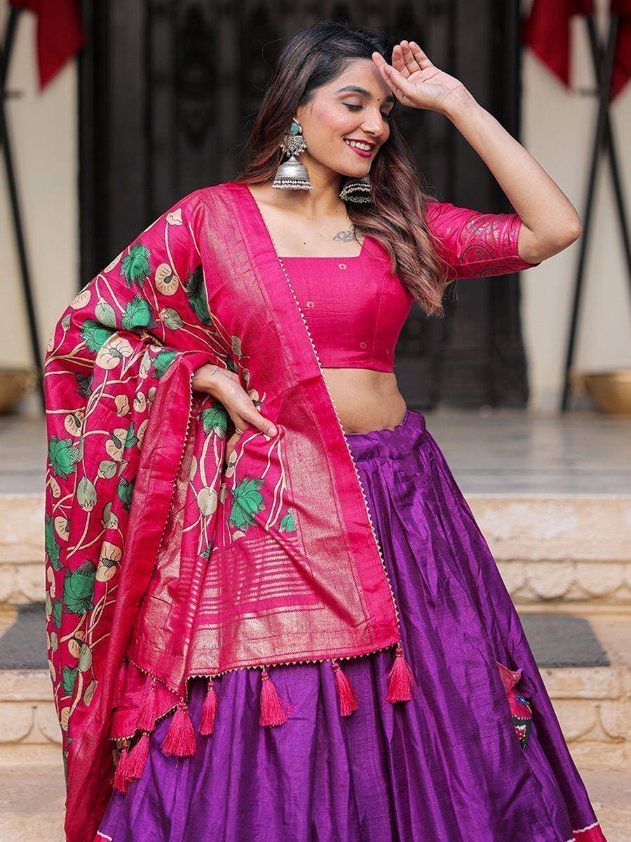 Pink and purple ethnic lehenga choli with floral dupatta, perfect for Indian weddings and festivals