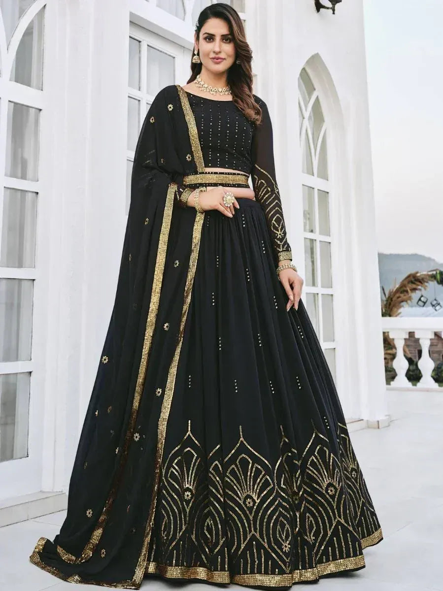 Black and gold embroidered lehenga choli with dupatta, Indian ethnic wear for weddings and events