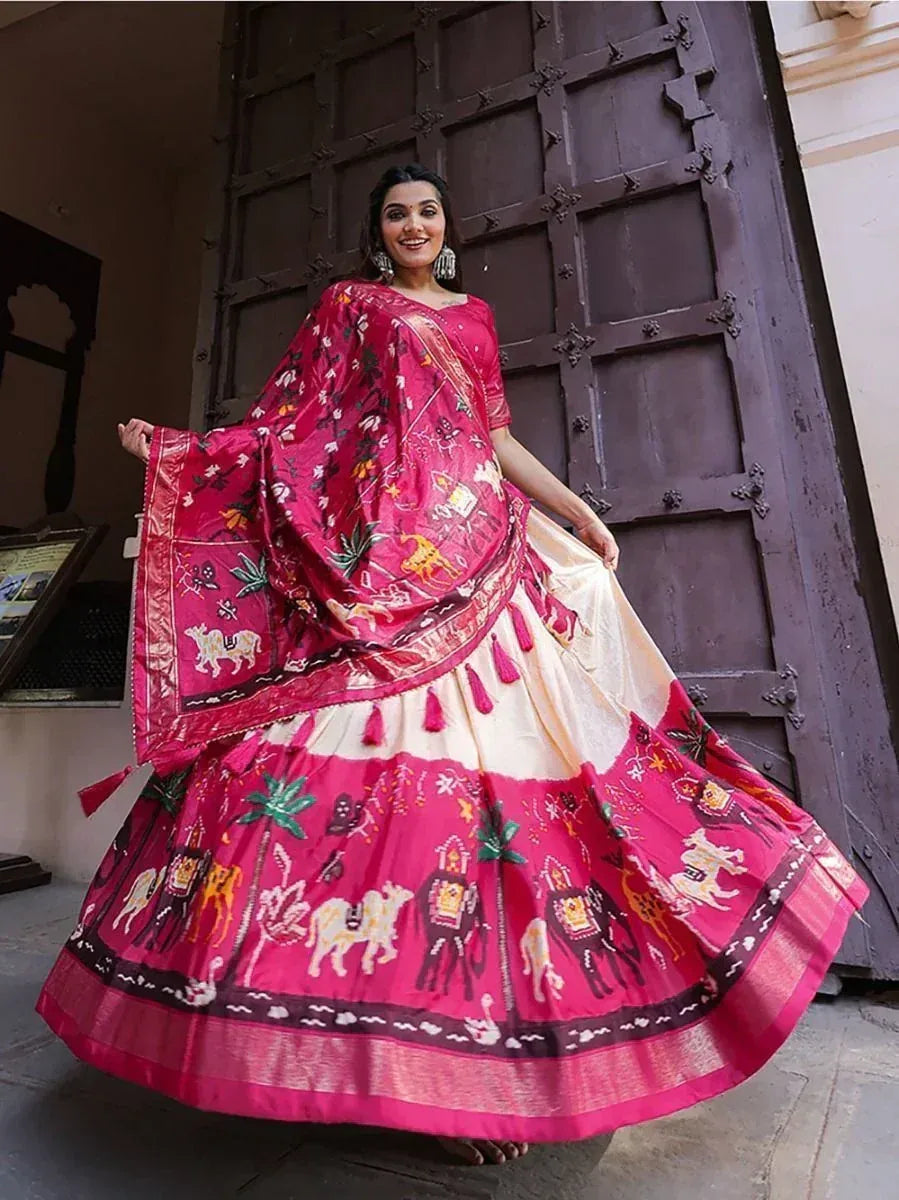 Pink and cream printed lehenga choli with elephant motifs, perfect for Indian ethnic wear occasions