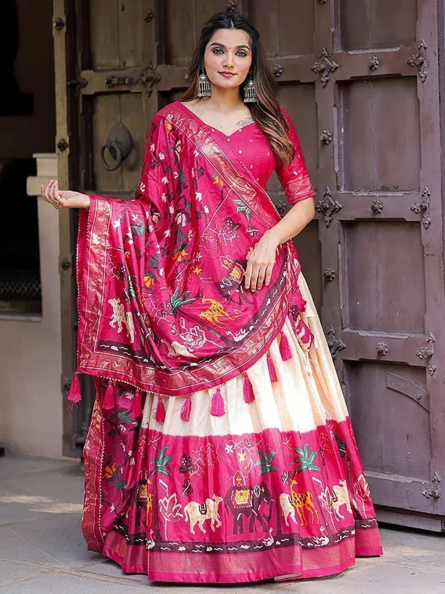 Pink and cream embroidered lehenga choli with animal motifs, perfect for Indian ethnic wear occasions